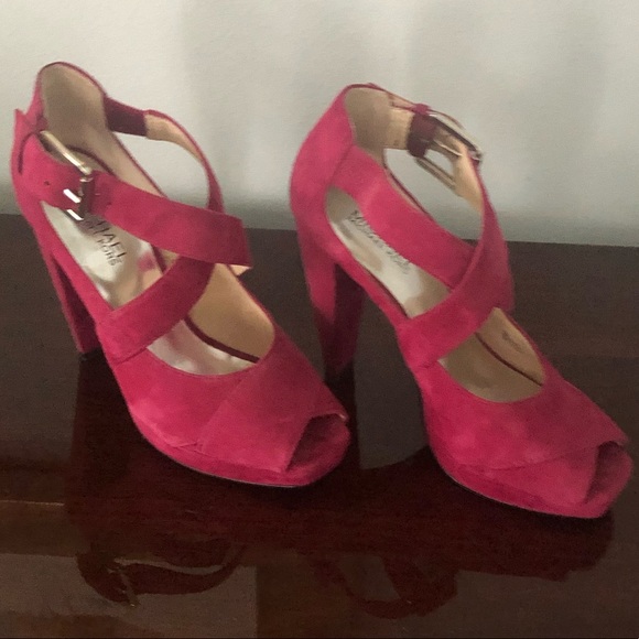 Fuchsia Suede Block 4’ Heels - Picture 3 of 5